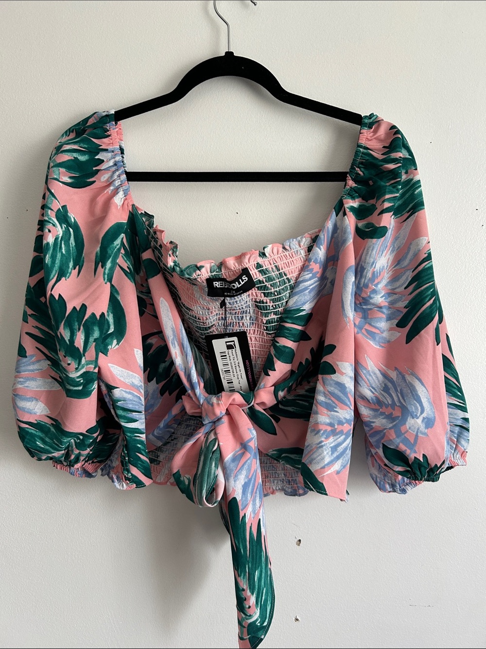 Rebdolls Pink Floral Tie-Front Crop Top with Green Leaves
